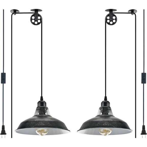 Plug in Pendant Light Industrial Pulley Pendant Lamp E26 Vintage Hanging Light Fixture With 16.4ft Cord On/Off Switch For Pool Table,Houseplant Grow lights,Kitchen Island,Sink 2 Pack Aged Bronze