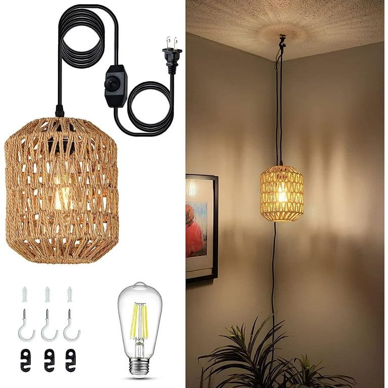Plug in Pendant Light with LED Bulb Rattan Hanging Lamp with 16ft Dimmable Cord Hand Woven Wicker Plug in Chandelier Boho Hanging Lights Fixture with Plug in Cord for Bedroom Hallway Foyer