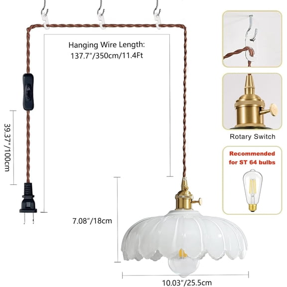 Plug in Pendant Light: Milk Glass Hanging Light Plug in Hanging Lamp, White Pendant Lighting for Kitchen Island, Bedroom, Dining Room, Living Room, E26 No Bulb