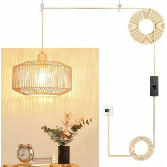 Plug in Pendant Light Paper Woven Rattan Hanging Lights Boho Hanging Lamp Rustic Farmhouse Pendant Lights for Kitchen Dining Room Bedroom Entryway, with 3-Way Dimmable Bulb (Woven-2)
