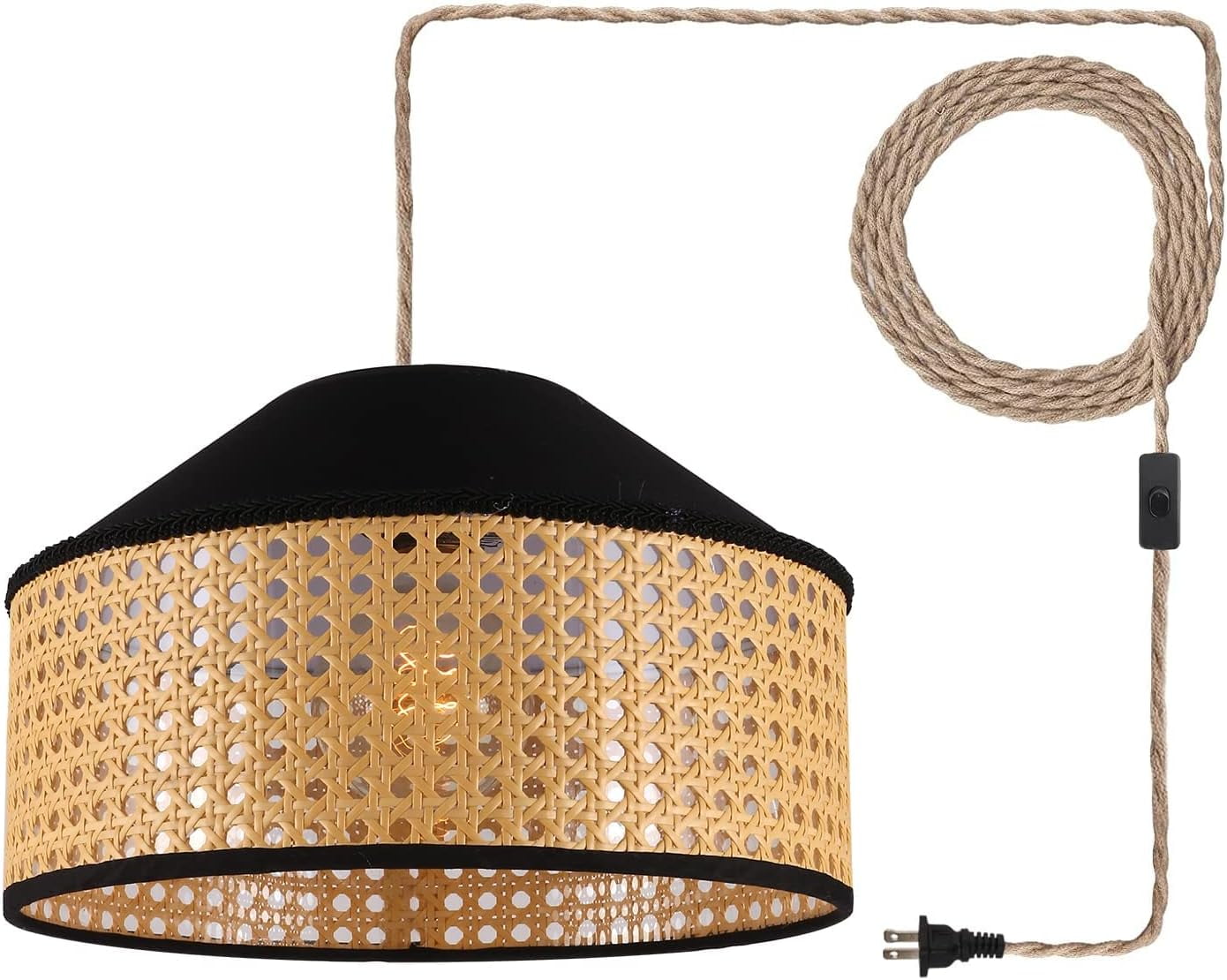 Plug in Pendant Light Rattan Hanging Lamp with On/Off Switch 15 Ft Hemp ...