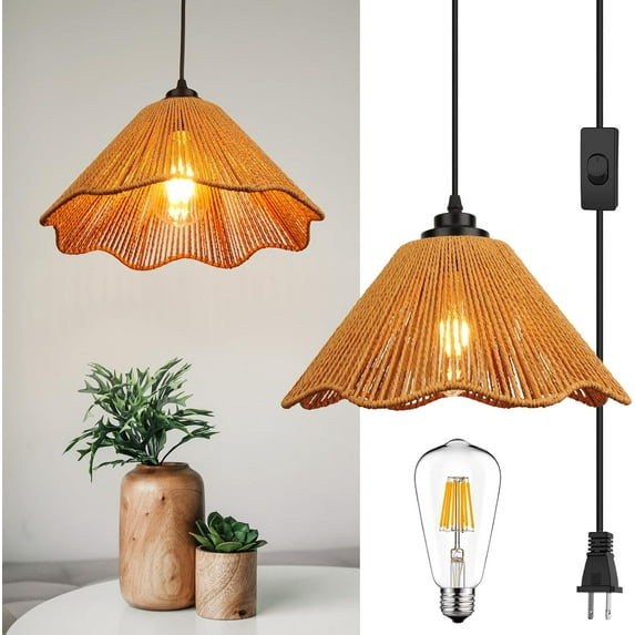 Plug in Pendant Light,Rattan Hanging Lights with Plug in Cord 13FT Hemp Black Cord, On/Off Switch Chandelier for Living Room Bedroom Kitchen(Bulb Included) 12 x 6 inch