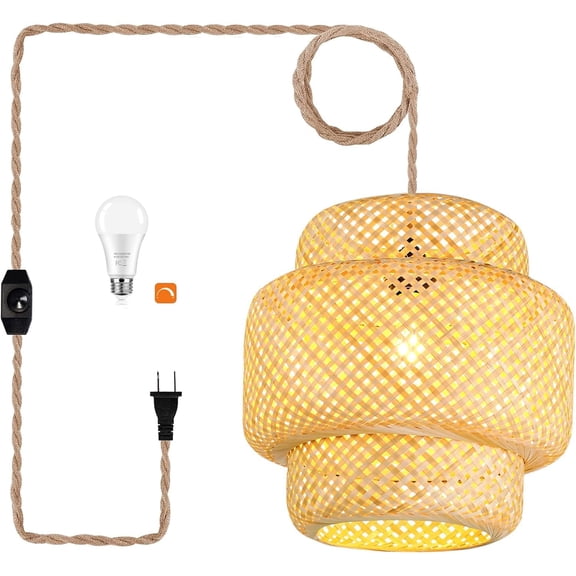 Plug in Pendant Light Rattan Hanging Lights with Plug in Cord Bamboo Hanging Lamp Dimmable,Handmade Woven Boho Wicker Basket Lamp Shade,Plug in Ceiling Light Fixture for Living Room Bedroom Kitchen