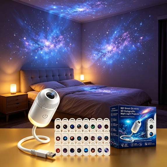 Plug & Play 360 Degree HD Galaxy Projector, 2 In 1 Holographic Star Night Light for Bedroom, Ceiling and Holiday Party Decor (24 Films)
