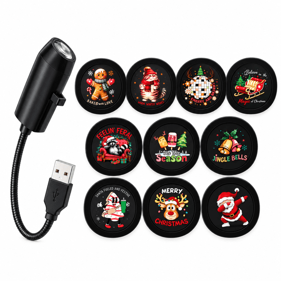Plug and Play HD Christmas Projector, Christmas Projector with 6/10 Festive Discs with Flexible Gooseneck and Interchangeable Scenes for Bedroom, Living Room & Party Display,10 pcs