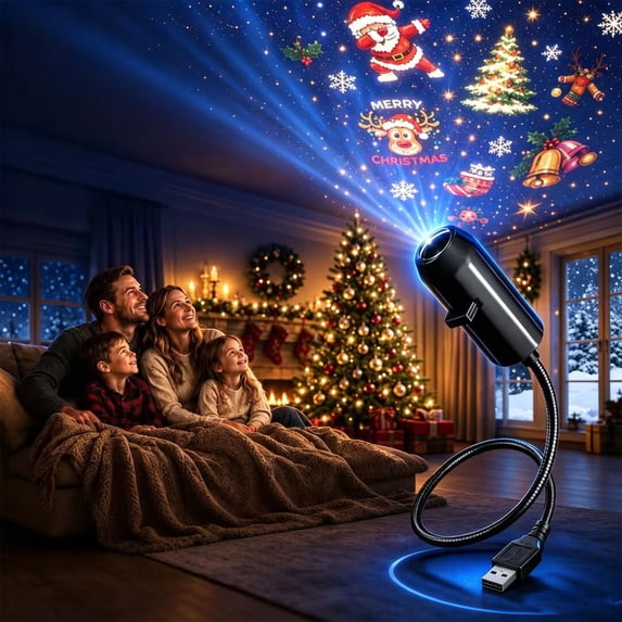 Plug-&-Play HD Christmas Projector, USB Flexible 360° Rotatable Holiday Projection Lamp with Festive Pattern Slides for Indoor Ceiling Wall Xmas Decor Christmas 10 Scenes