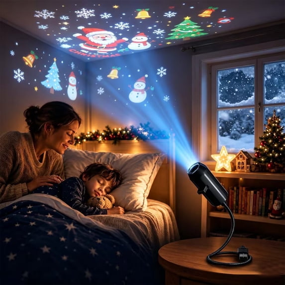 Plug-&-Play HD Christmas Projector, USB Flexible 360° Rotatable Holiday Projection Lamp with Festive Pattern Slides for Indoor Ceiling Wall Xmas Decor Christmas 6 Scenes