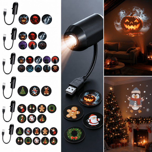 Plug-&-Play HD Christmas Projector, USB Powered HD Christmas Projector Light with 6 Patterns, Santa Reindeer Tree Gingerbread Snowman Effects, Holiday Room Decor