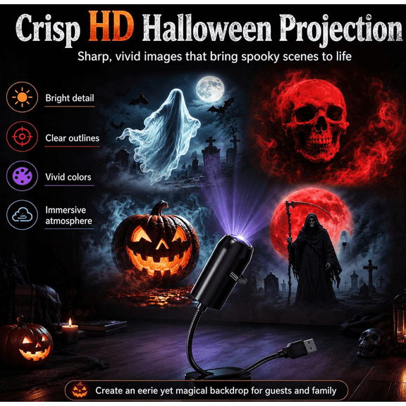 Plug-&-Play HD Halloween Projector, USB Flexible 360° Rotatable Holiday Projection Lamp with 6 Festive Pattern Slides for Indoor Ceiling Wall Xmas Decor Halloween 6 Scenes