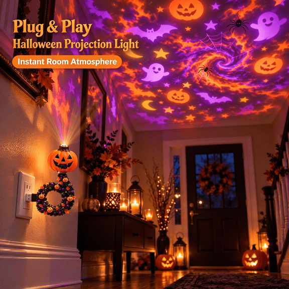 Plug and Play HD USB Halloween Pumpkin Projector with 6 Spooky Scenes, Wreath Design Plug in Night Light Ceiling Projector Indoor, for Room Decor Holiday Party Halloween Gifts