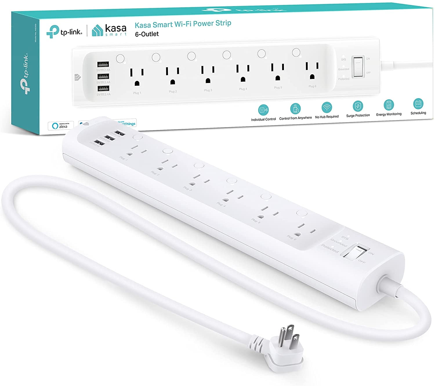 Plug Power Strip HS300, Surge Protector with 6 Individually Controlled Outlets and 3 USB Ports, Works Alexa & Google Home, No Hub Required , White
