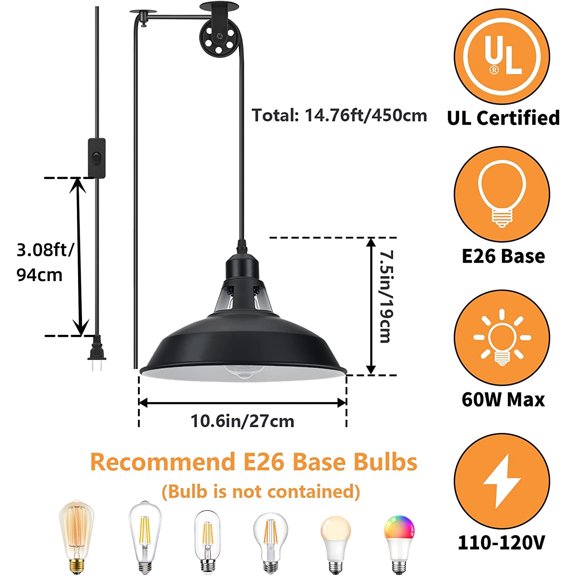 Plug in Pulley Pendant Light with 14.76ft Cord On/Off Switch, Industrial Barn Black Hanging Lights with Plug in Cord, Pulley Wall Pendant Lamp for Kitchen Island, Pool Table, Bedroom, 1 Pack
