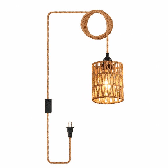 Plug In Rattan Pendant Light, Boho Farmhouse Hanging Light Fixture with Hemp Rope Cord & Inline On/Off Switch, Adjustable Vintage Hanging Lamp for Dining Room