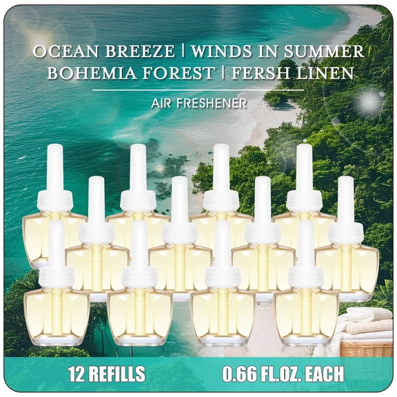 Plug-in Scented Air Freshener Refills-Ocean Breeze, Linen, Bohemia Forest, Winds in Summer, PlugIns Refills for Home and Bathroom Compatible with Glade and Air Wick, 12 Count