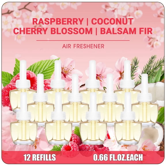 Plug In Refills Air Freshener, Cherry Blossom, Raspberry, Balsam Fir, Coconut Scented Essential Oils for Home and Bathroom, 7.92 Fl Oz, Compatible with Glade, Air Wick