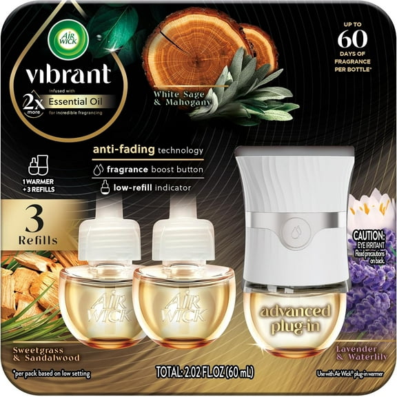 Plug In Scented Oil Advanced, 1+3 Starter Kit, Essential Oils, Plug Refills, Scent Diffusers, Plug In Air Freshener for Home, Home Essential, Sandalwood and Lavender Variety