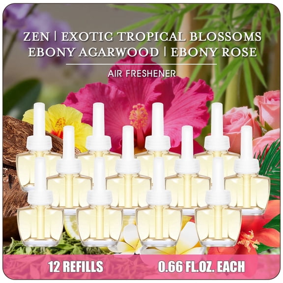 PlugIns Refills Air Freshener- Zen, Exotic Tropical Blossoms, Ebony Agarwood, Ebony Rose, 12 Scented Oil Refills Compatible with Glade and Air Wick