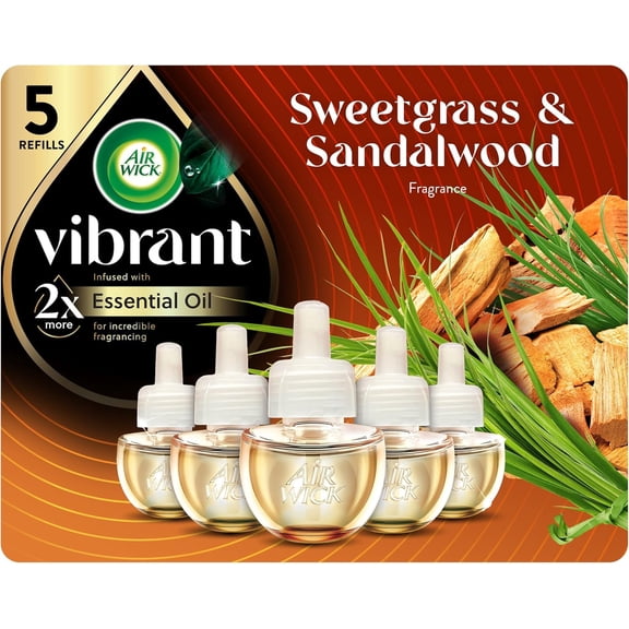 Plug In Scented Oil Refills, Sweetgrass + Sandalwood, Air Fresheners for Home Long Lasting, Room Fresheners,Air Freshener Plug In, Essential Oils, Home Essentials for Small&Large Spaces,5 ct