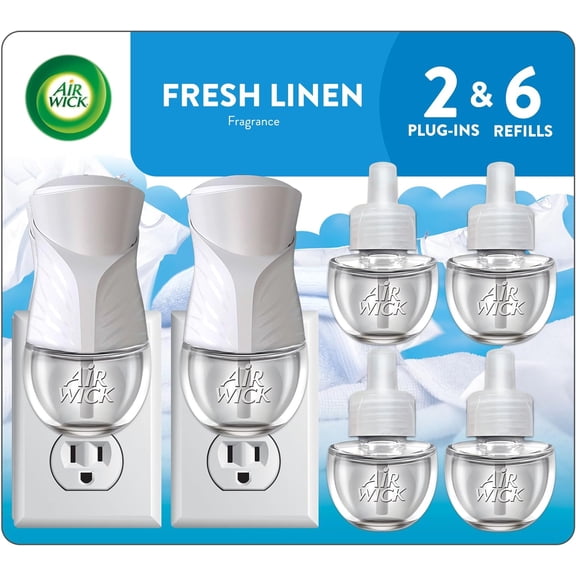 Plug in Scented Oil Starter Kit, 2 Warmers + 6 Refills, Fresh Linen, Same Familiar Smell of Fresh Laundry, Eco Friendly, Essential Oils, Air Freshener