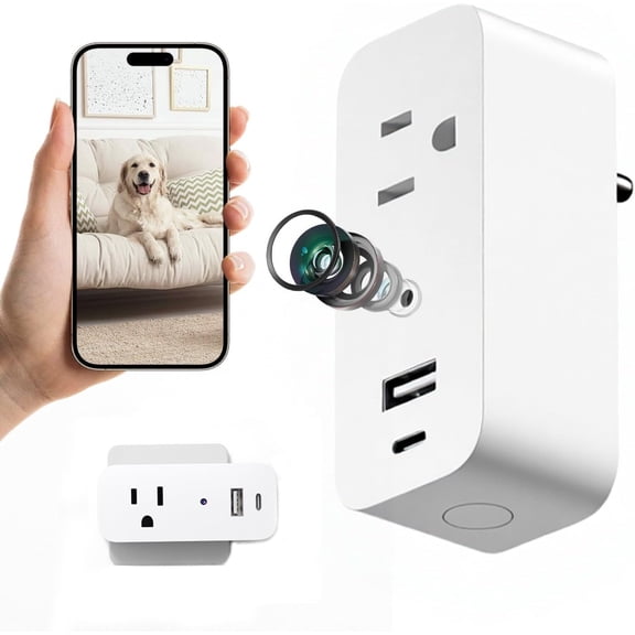 Plug Security Camera, Mini 1080P FHD WiFi Cam with 3-Device Charging, Built-in 32GB SD Card, APP Remote Motion Detection, Wall Powered Wireless Multifunction Smart (No Audio)