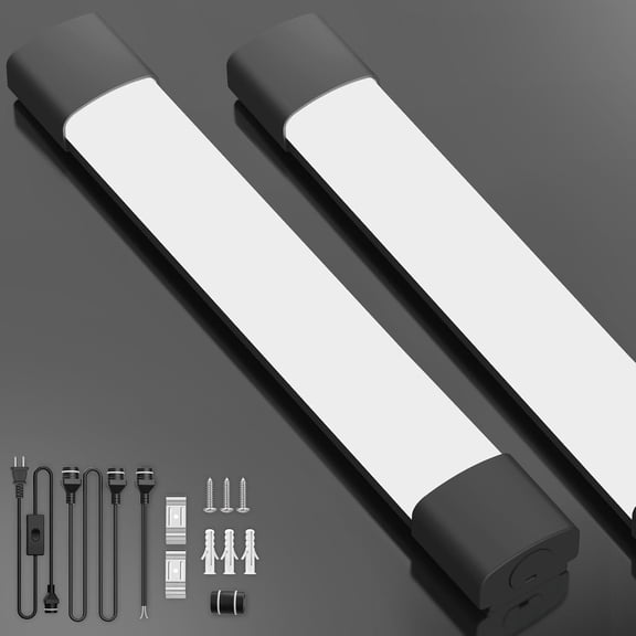Plug in Shop Light 2FT 2PCS Linkable LED Daylight Shop Light Fixture | No-Flicker, Lightweight LED Light Bar for Room, Triproof Plug in Ceiling Light for Workbench Basement Bathroom, IP65, Black