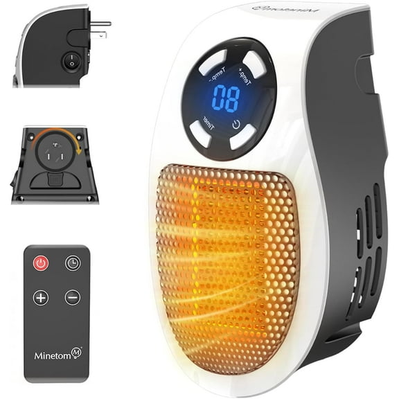 Plug in Small Space Heater for Indoor Use 450W, Wall Outlet Electric with Remote, 12H Timer & LED Display, PTC Ceramic Fast Heat Safely Bedroom Bathroom Office