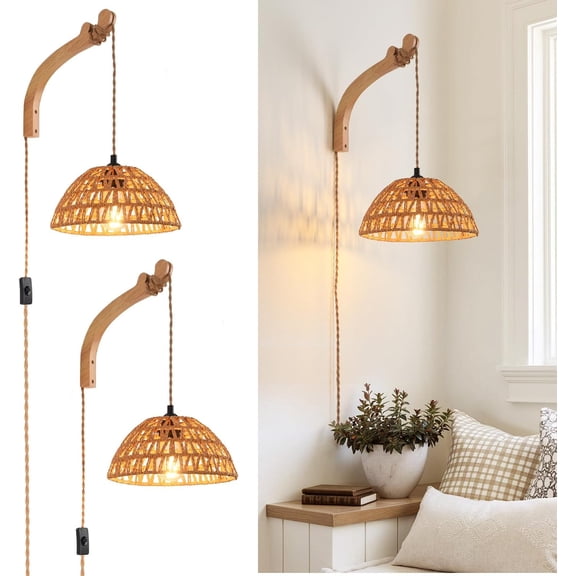 Plug in Wall Sconce,Farmhouse Wicker Wall Lamp Plug in,Hand Woven Rattan Wall Light Farmhouse Rustic Boho Sconces Wall Lighting for Living Room Bedroom