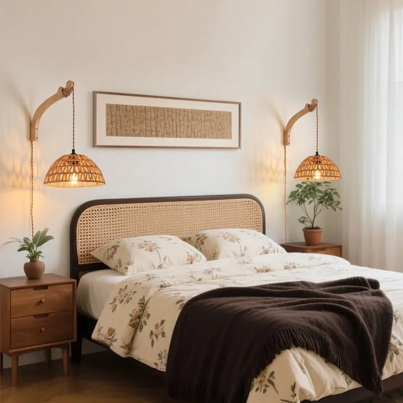Plug in Wall Sconce,Farmhouse Wicker Wall Lamp Plug in,Hand Woven Rattan Wall Light Farmhouse Rustic Boho Sconces Wall Lighting for Living Room Bedroom