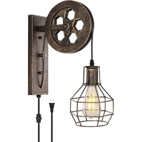 Plug in Wall Sconce Rustic Wall Light Lift Pulley Matte Iron Cage Shade Industrial Mid Century Wall Lamp Indoor Lighting Barn Restaurant (Bronze Color)