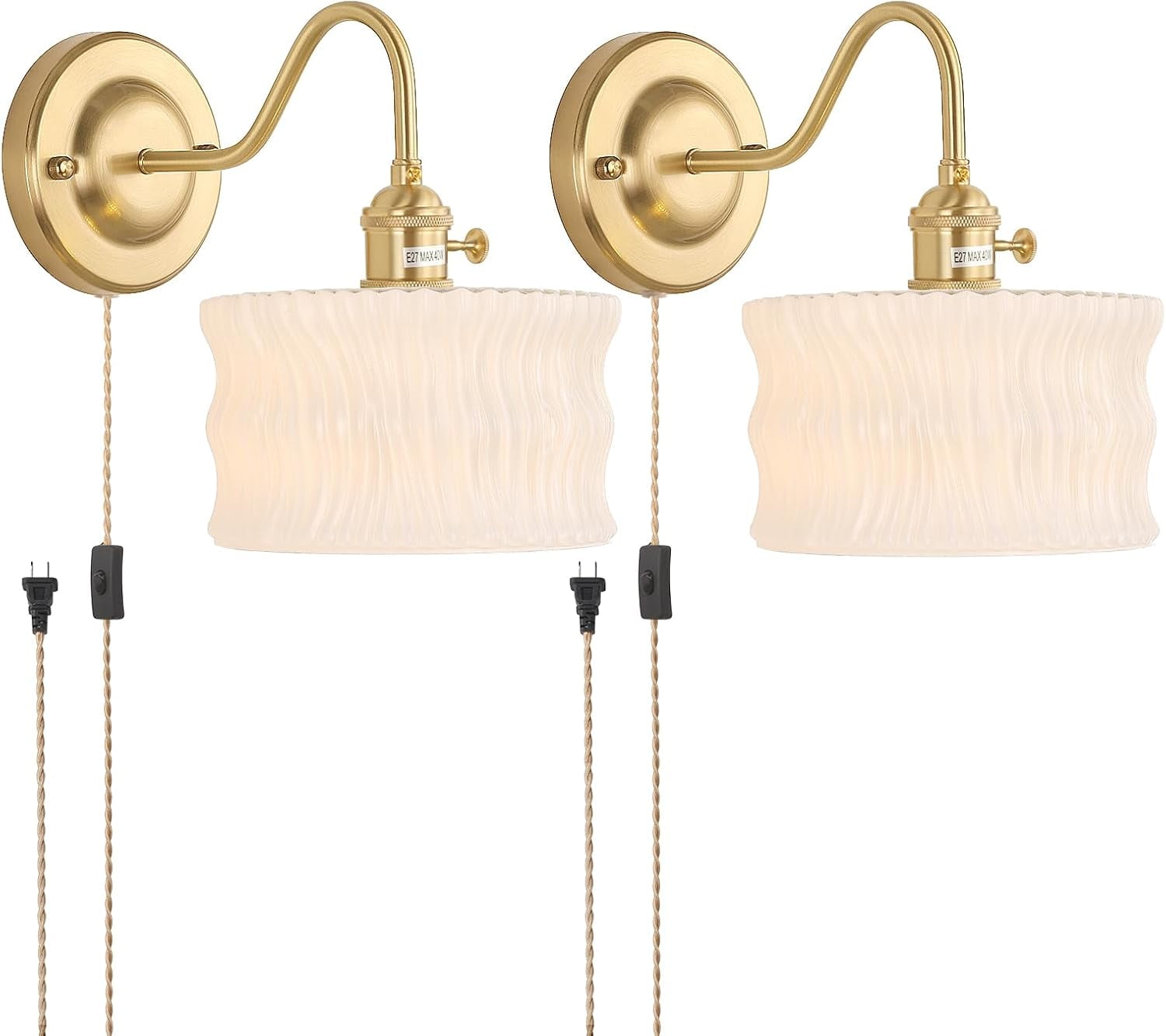 Plug in Wall Sconce Set of 2, Gold Vintage Wall Decor Lights with White ...