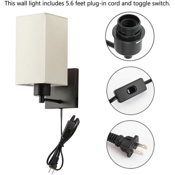 Plug in Wall Sconce Set of 2, Rustic Wall Lamp with Plug-in Cord and On/Off Toggle Switch, Beige Fabric Shade Wall Light Fixture for Headboard Bedroom Living Room Hallway$$Tools & Hardware Other