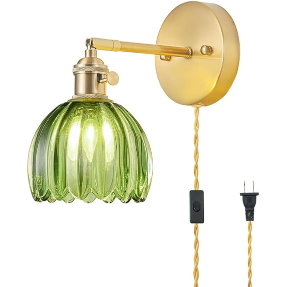 Plug in Wall Sconce, Vintage Sconce Light with Tulip Green Glass Lampshade, 180° Adjustable Wall Sconce with Switch and Plug in Wall Lamp Cord, Gold Wall Light for Bedroom Living Room Hallway