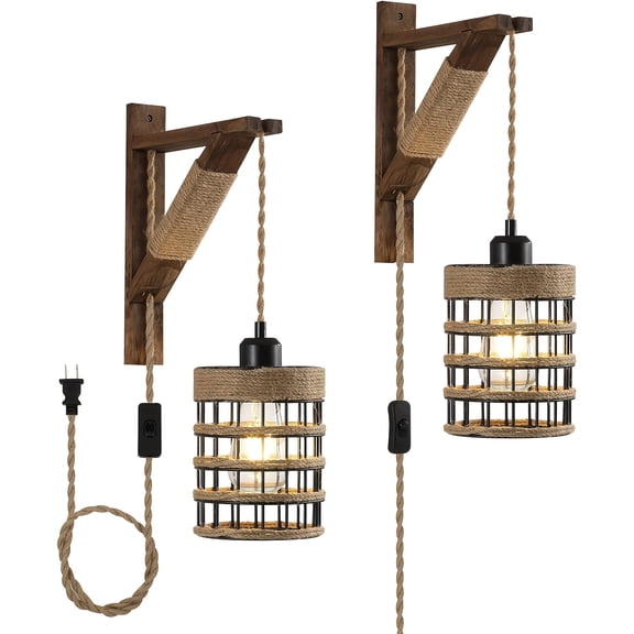 Plug In Wall Sconces Set Of 2 Or 1, Farmhouse Hanging Lamps That Plug Into Wall Outlet, Rustic Metal Cage Sconce with Wooden Bracket for Bedroom Living Room Headboard.