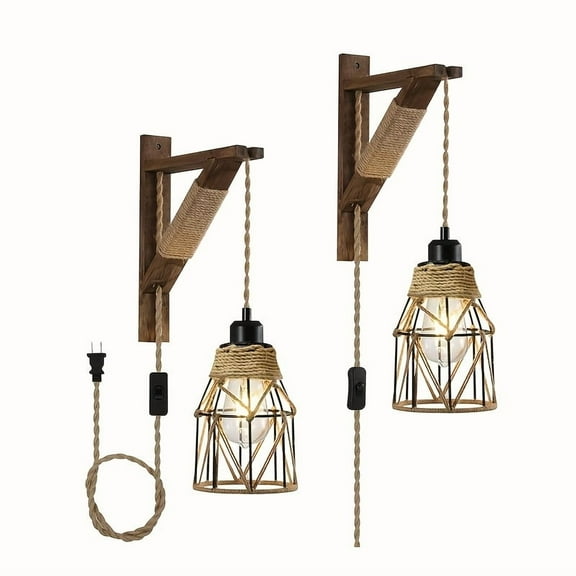 Plug In Wall Sconces Set Of 2 Or 1, Farmhouse Hanging Lamps That Plug Into Wall Outlet, Rustic Metal Cage Sconce with Wooden Bracket for Bedroom Living Room Headboard.