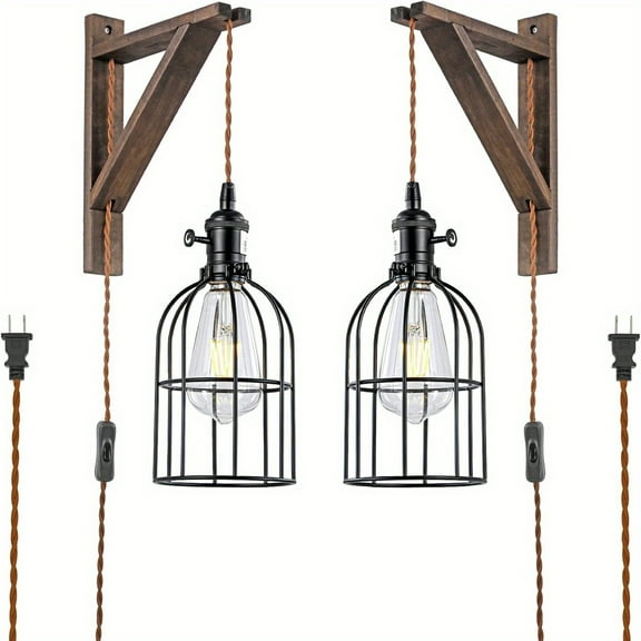 Plug In Wall Sconces Set Of 2 Or 1, Farmhouse Hanging Lamps That Plug Into Wall Outlet, Rustic Metal Cage Sconce with Wooden Bracket for Bedroom Living Room Headboard.