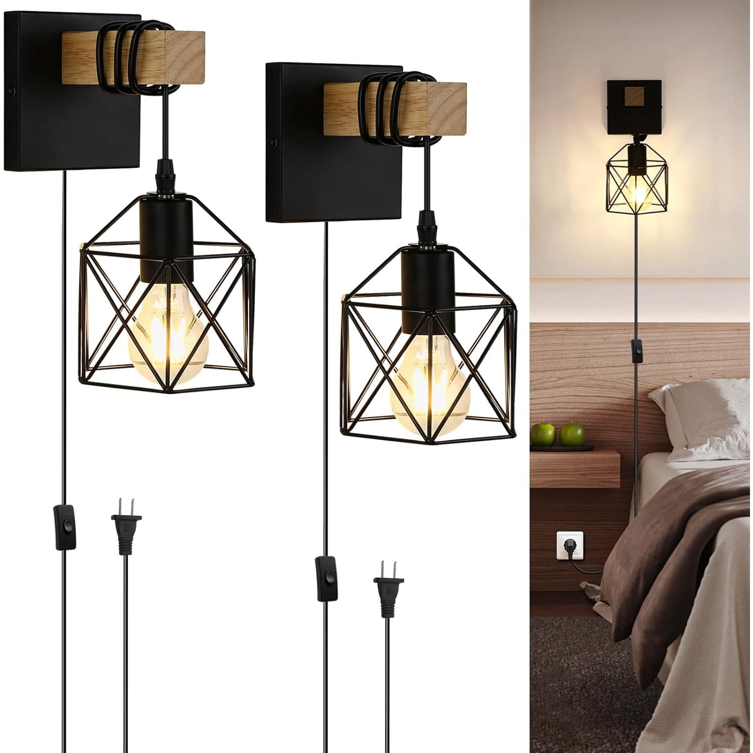 Plug in Wall Sconces Set of 2 with On/Off Switch, Industrial Wall ...