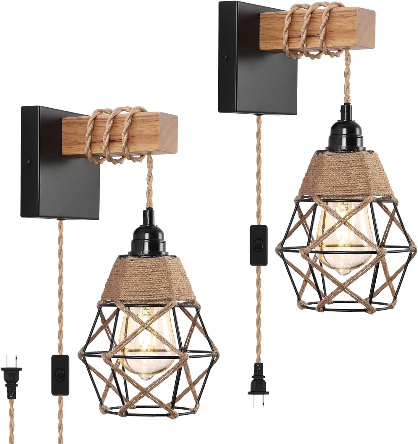 Plug in Wall Sconces Set of Two, Farmhouse Wall Lamp with Plug in Cord