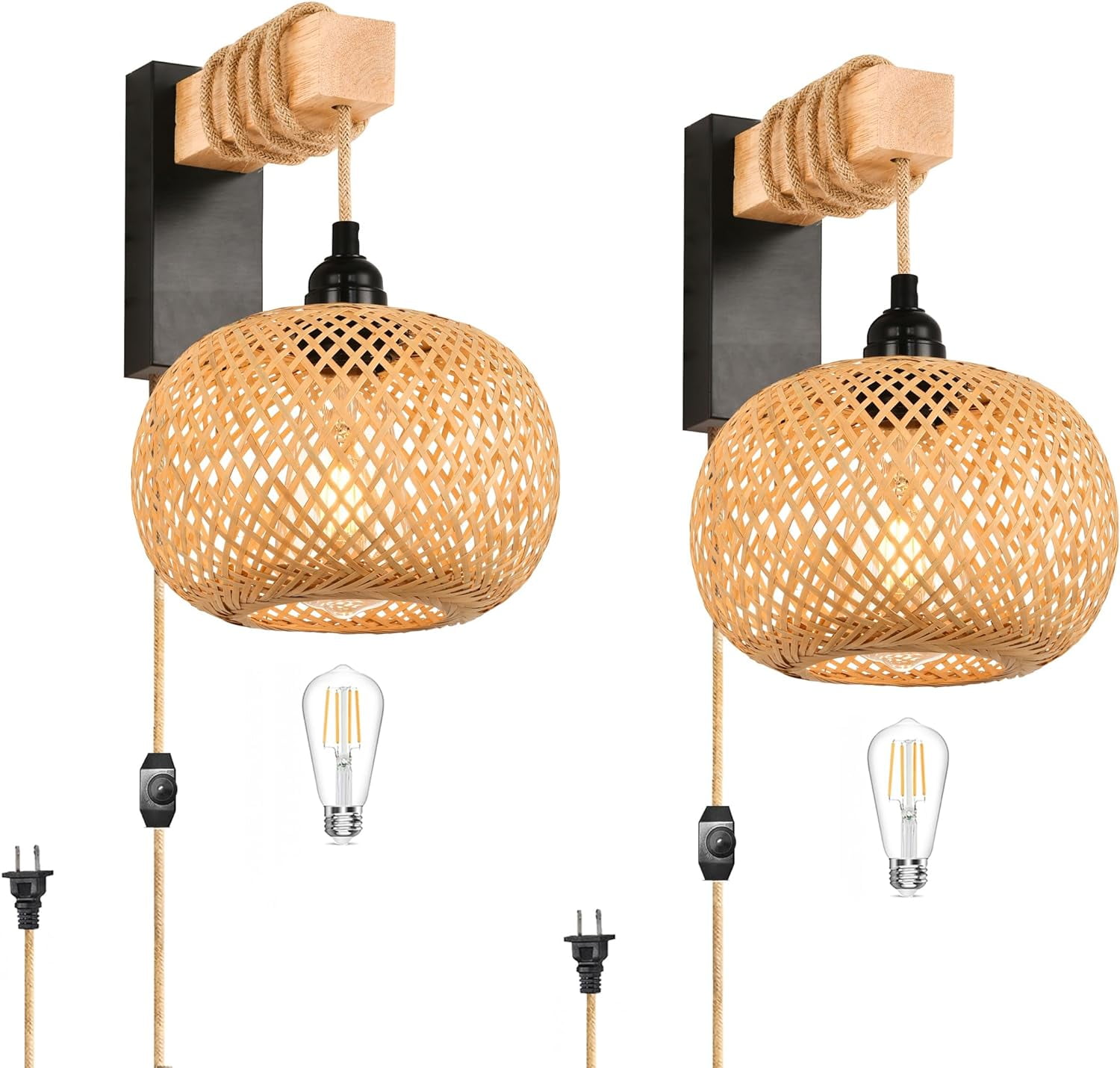 Plug in Wall Sconces Set of Two,Rattan Wall Sconce Boho Wicker Wall Lamp with Plug in Cord