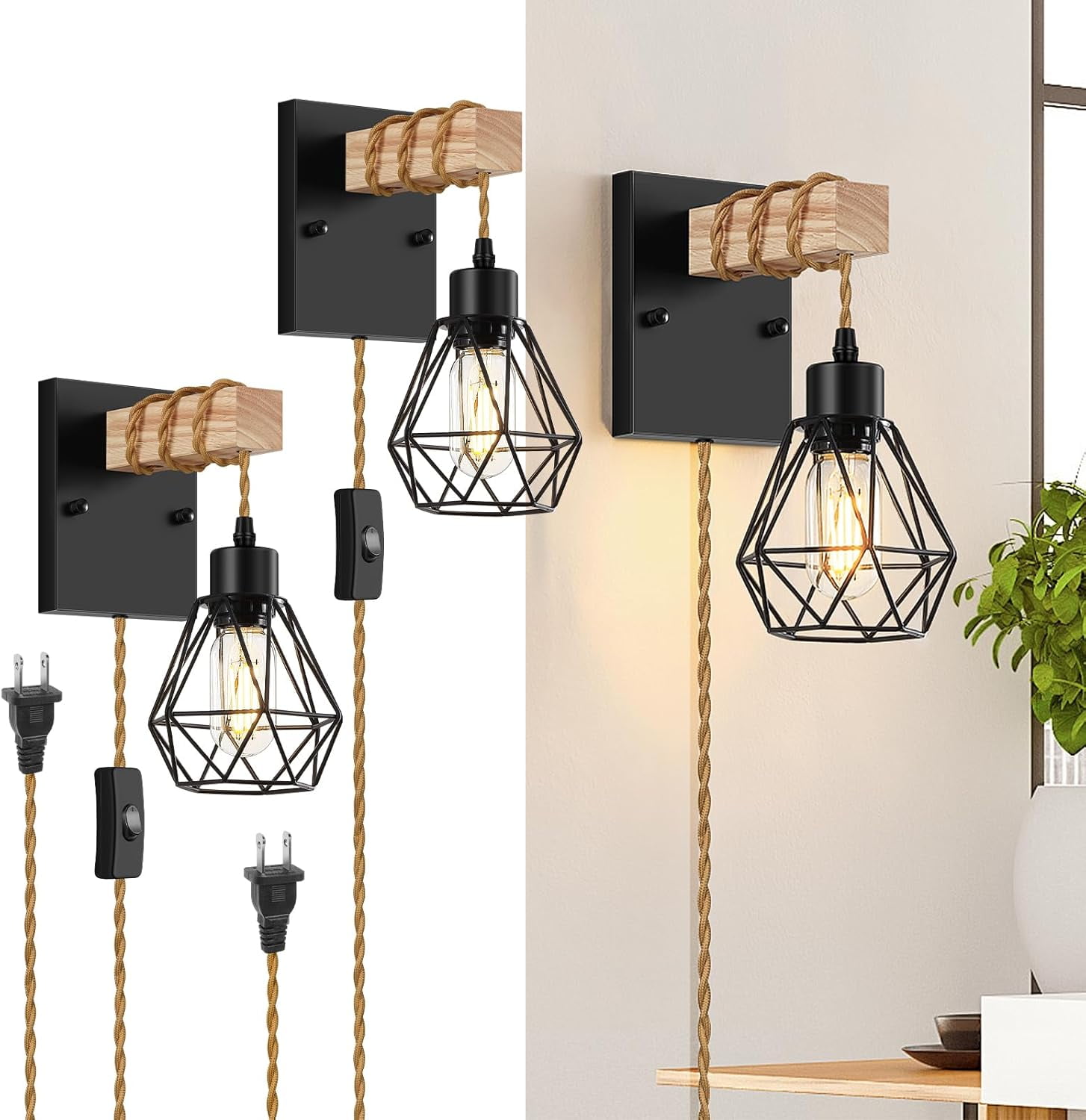 Plug in Wall Sconces Set of Two, Vintage Wood Wall Lamps with Plug in Cord, Farmhouse Wall Light Fixture with 5.25FT On/Off Switch Cord, Indoor Sconces Lighting for Bedroom Living Room