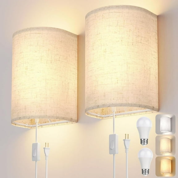 Plug in Wall Sconces Set of Two: Wall Light Wall Lamp with On/Off Switch 3000K 4500K 6000K Selectable Fixtures Fabric Linen Shade Wall Decor Wall Lights for Bedroom Living Room Hallway Indoor