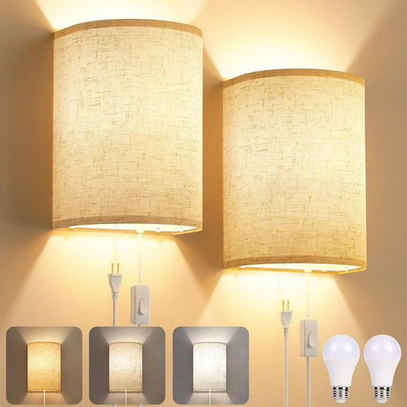 Plug in Wall Sconces Set of Two: Wall Lights with On/Off Switch - Stepless Color Temperature Wall Mount Lamps - Fabric Linen Wall Sconce for Bedroom Living Room & Hallway- Indoor Corded Wall Sconces