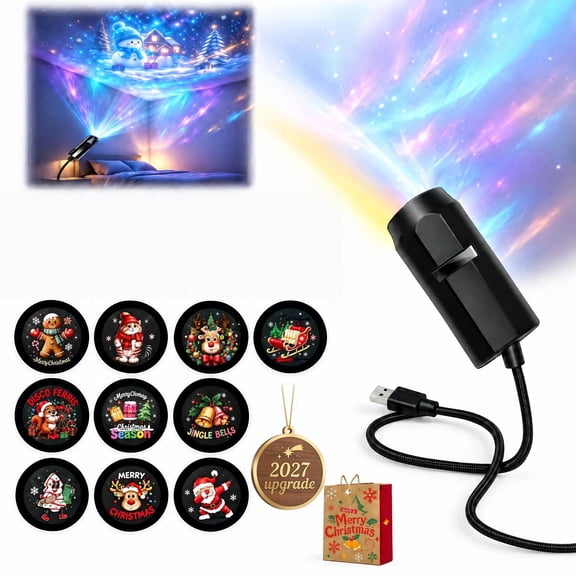 Plug and Play HD Christmas Projector Indoor, 5D Holographic Night Light Projector, USB 360° Flexible Gooseneck for Bedroom Ceiling