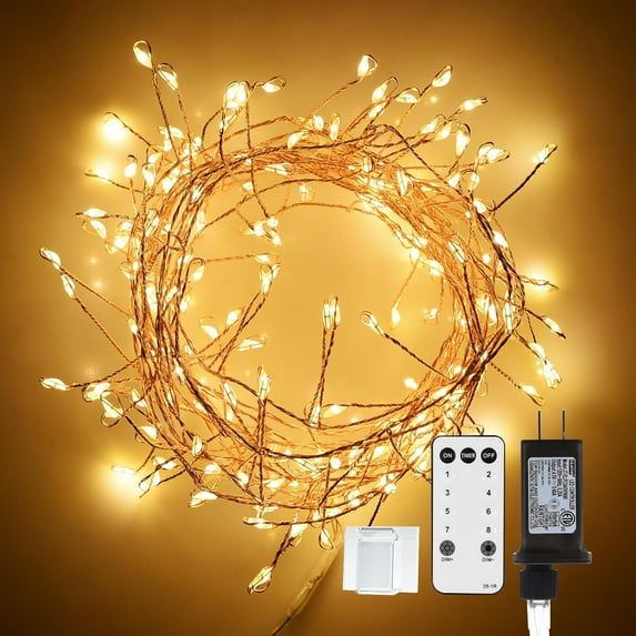 Plug in, 200 Led Twinkle String Light with Remote 10Ft 8 Modes Warm Cluster Lights with Timer for Bedroom Wreath Party Window Wedding Christmas Tree Decoration Gold Wire