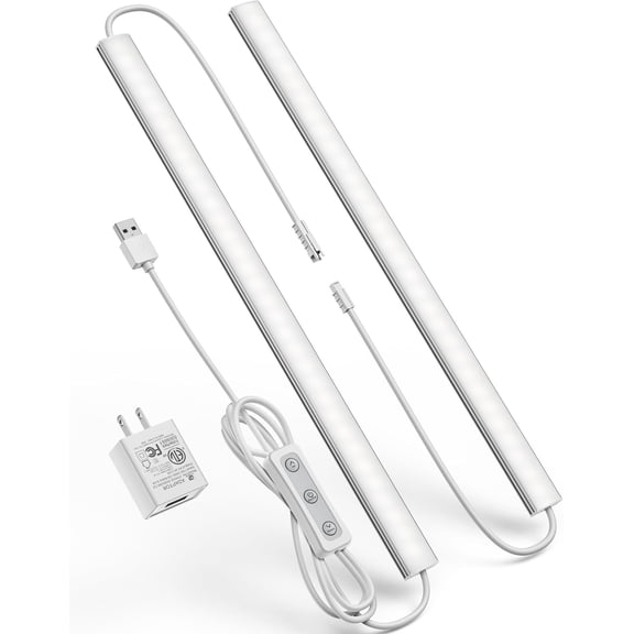 Plug-in Under Cabinet Lighting, Dimmable Counter Lights for Kitchen, 2 count 12 Inch, Cold White 6000K Linkable USB Led Closet Light, Wired Indoor Night Lights Bar for Desk, Sink,Workbench