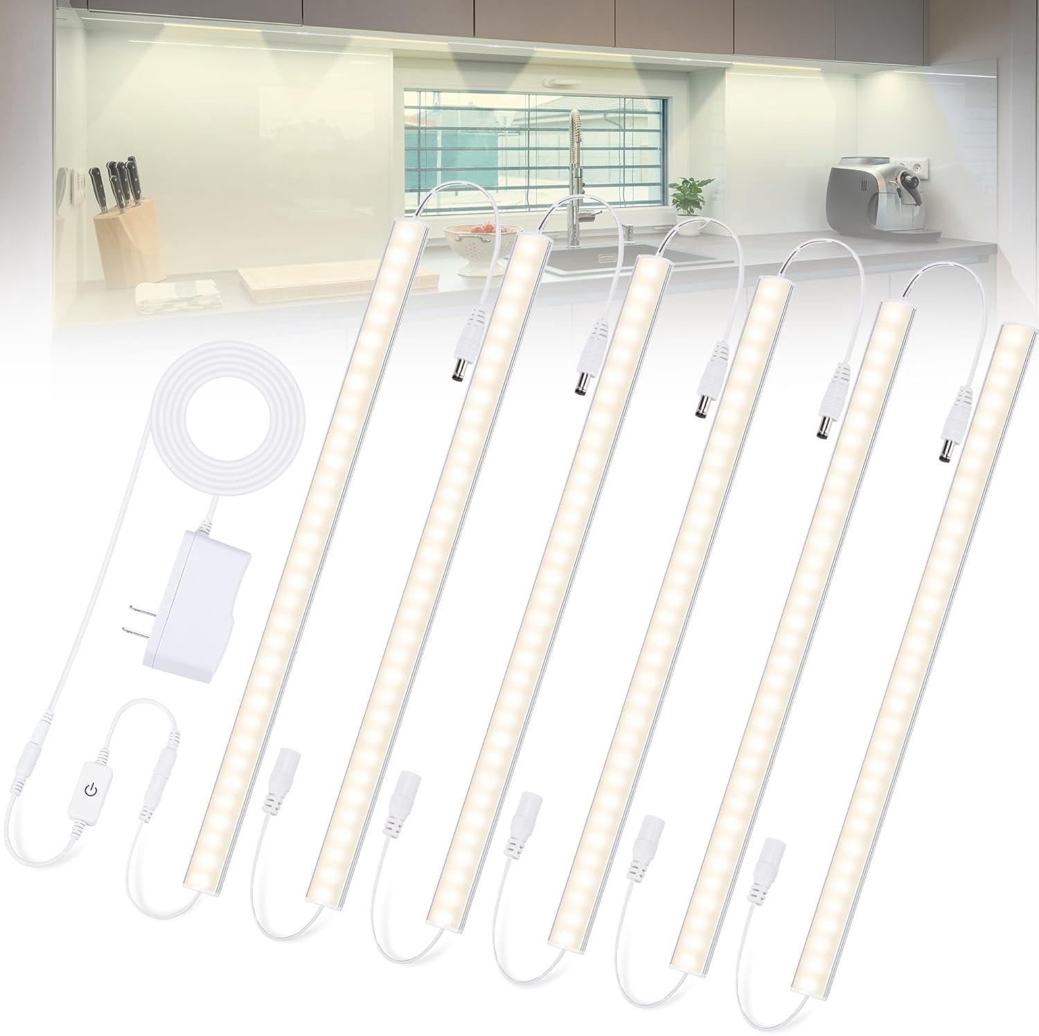 Plug-in Under Cabinet Lights  White 4000K, Dimmable LED Under Cabinet Lighting, 6 count x 12 Inch Under-Counter Light Fixtures with Memory Function, Under Counter LED Lights for Kitchen