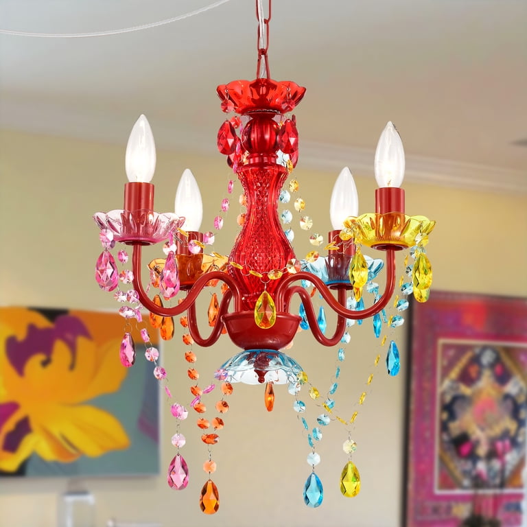 Plug-in Crystal Chandelier 4 Lights Colorful Hanging Lamp with