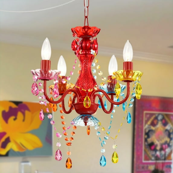 Plug-in Crystal Chandelier 4 Lights Colorful Hanging Lamp with 20FT Cord E12 Base for Kids Room