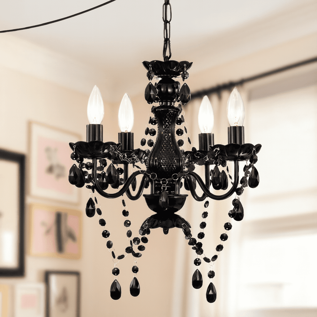 4-Light Elegant Black Finish Plug-in Crystal Chandelier for Bedroom Dining Room, Mini Adjustable Hanging Light