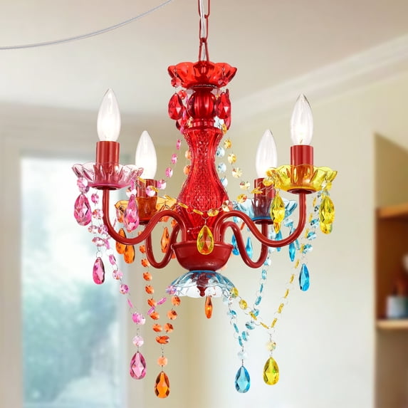 Small Plug-In Crystal Chandelier, Colorful Acrylic 4-Light Ceiling Light for Kids Room, Nursery, Bedroom