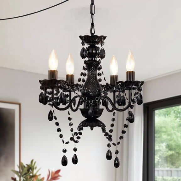 Plug in Chandelier 4-Light,Black Small Acrylic Crystal Hanging Light Fixture with 20ft cord for Bedroom Dining Room